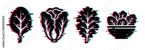 Digital glitch effect illustrations of various fresh leafy greens and salad vegetables, representing healthy eating and modern food concepts.