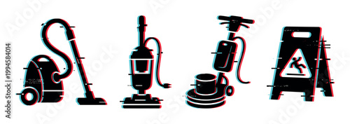 Cleaning equipment icons with a modern glitch effect, including vacuum cleaners, a floor polisher, and a wet floor sign for safety.