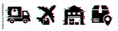 Logistics delivery transportation icons with a modern digital glitch effect representing global shipping and distribution services.