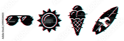 Glitch effect summer icons including sunglasses, sun, ice cream, and a surfboard, representing digital art and modern vacation themes.