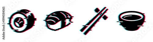 Stylized sushi rolls, chopsticks, and a bowl icon set with a modern digital glitch effect.