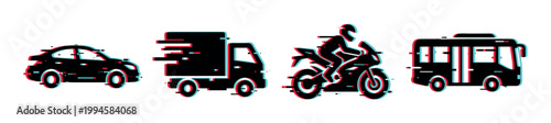Modern digital glitch effect icons of various transportation vehicles including a car, delivery truck, motorcycle, and public bus.