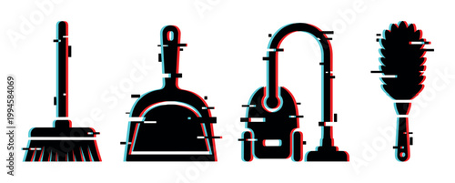 Broom, dustpan, vacuum cleaner, and duster icons with a modern digital glitch effect representing essential household cleaning tools.
