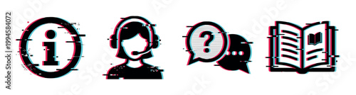 Digital glitch effect icons representing information, customer service, questions, and a user manual for modern tech support concepts.