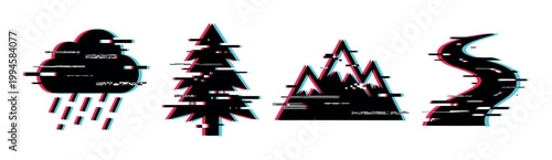 Glitch effect nature icons featuring a rain cloud, pine tree, mountains, and a winding road with digital distortion and anaglyph style.