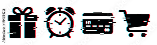 Glitched gift box, alarm clock, credit card, and shopping cart icons representing digital commerce and modern online shopping concepts with a cyber effect.