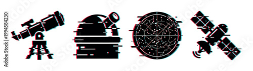 Telescope, observatory, star chart, and satellite icons with a modern digital glitch effect representing astronomy and space exploration.