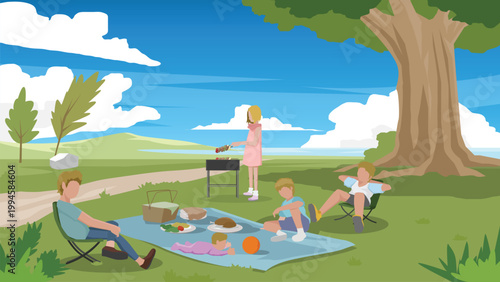 Happy family enjoys a sunny day outdoors. having a picnic and BBQ under a large tree in a beautiful green park. Children play on the blanket while food is grilled in the peaceful countryside.