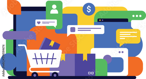 3D isometric e-commerce shopping cart with colorful product boxes and digital icons on pastel background