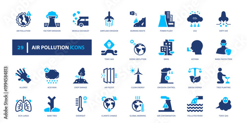 Air pollution icon set. environment, smog, emission, climate, ecology. solid style icon collection.