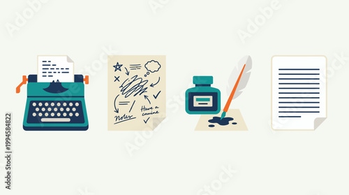 Vintage writing tools and paper icons.