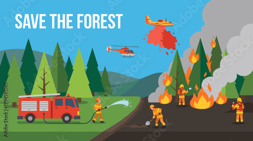 Firefighters battling forest fire with helicopter.