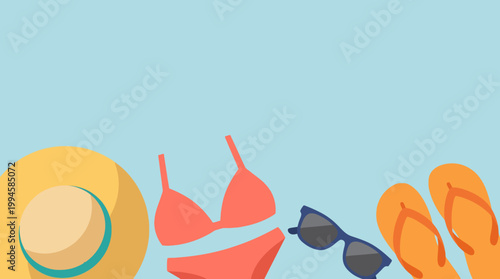 Summer vacation accessories on blue background.leave space for text