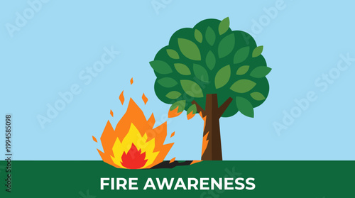 Fire awareness and prevention illustration with tree and flames.