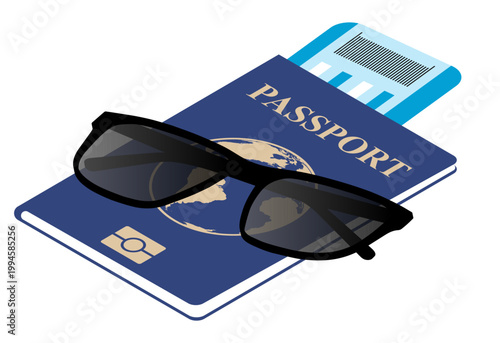 Isometric passport with tourist tickets and traveler sunglasses. Cartoon vector isolated on white background