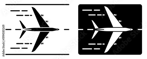 Linear icon. Airliner accelerates along the runway before takeoff. Simple black and white vector symbol isolated on white background