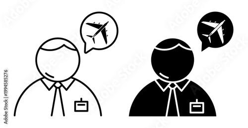 Linear icon. Office worker dreams of a vacation and buying plane tickets. Simple black and white vector symbol isolated on white background