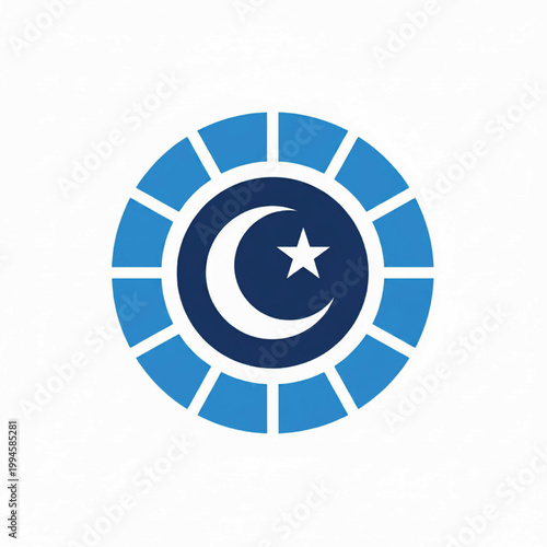 Crescent moon and star emblem inside blue circular gear ring for Islamic themed logo design illustration