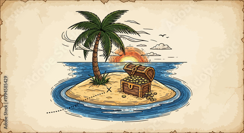 Treasure chest on a deserted island.