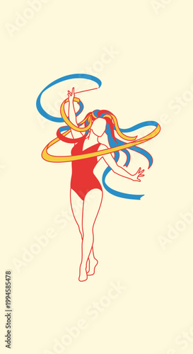 Woman in red swimsuit with hula hoops.