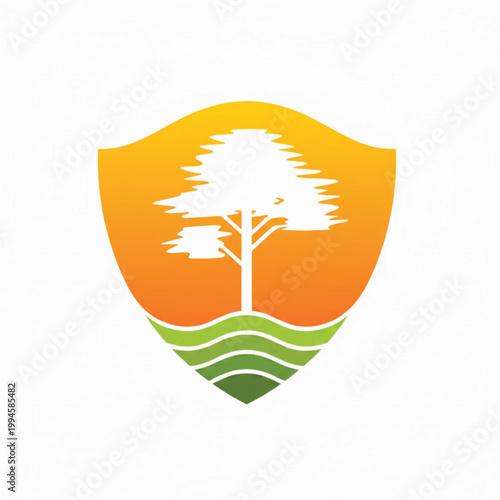 Shield logo with stylized tree and rolling green landscape, orange gradient background and nature protection concept