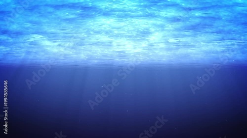 海中 背景素材 太陽の光が差し込む深い青い海 水面 幻想的 / Underwater background deep blue ocean with sunbeams filtered through water surface ethereal