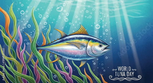 Tuna fish, ocean illustration, underwater scene, seaweed, World Tuna Day