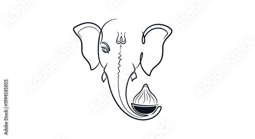 Minimalist Line Art of an Elephant with Sacred Symbols on Its Forehead and a Small Bell in the Trunk