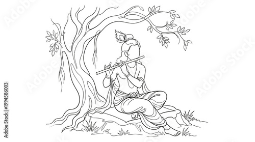 Serene figure playing flute beneath an intricate tree with sparse leaves and twisting branches, capturing moments of tranquility