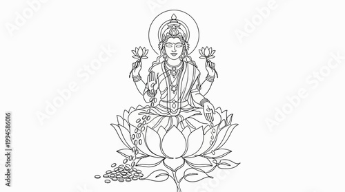 Intricate Line Drawing of a Serene Deity Sitting on a Lotus Flower with Blessing Hands and Lotus Lamps
