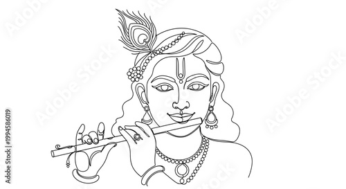 Elegant line art illustration of a traditional Indian woman playing the flute adorned with feathers and jewelry embodying