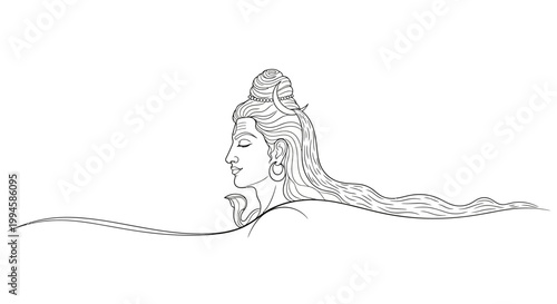 Minimalist line art illustration of a serene woman with flowing hair and ornate headpiece, emphasizing beauty and tranquility