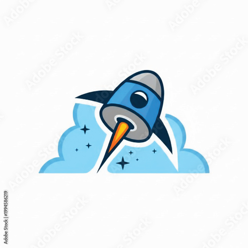 Rocket ship cartoon icon with blue clouds and star sparkles for playful space technology branding featuring spacecraft, sparkle, universe with galaxy