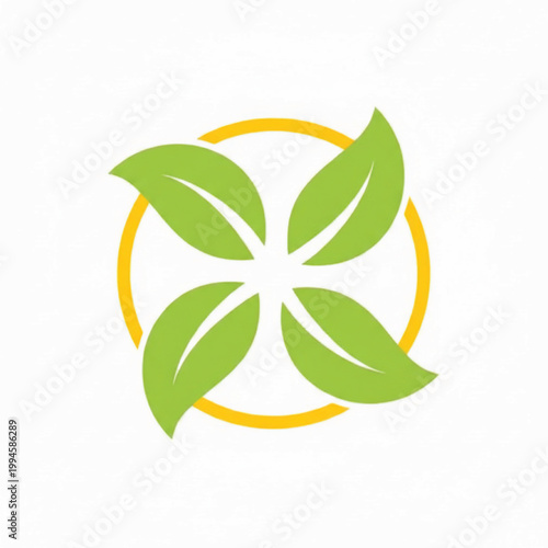 Eco leaf emblem logo with green leaves and a yellow circular ring for sustainable brand design featuring ecology, sustainability, recycling with