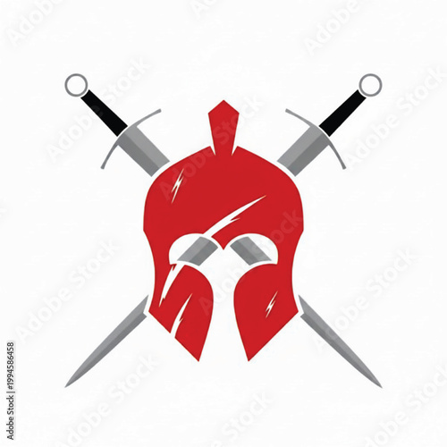 Helmet with crossed swords icon, red Spartan style design for gaming, medieval fantasy and warrior logo