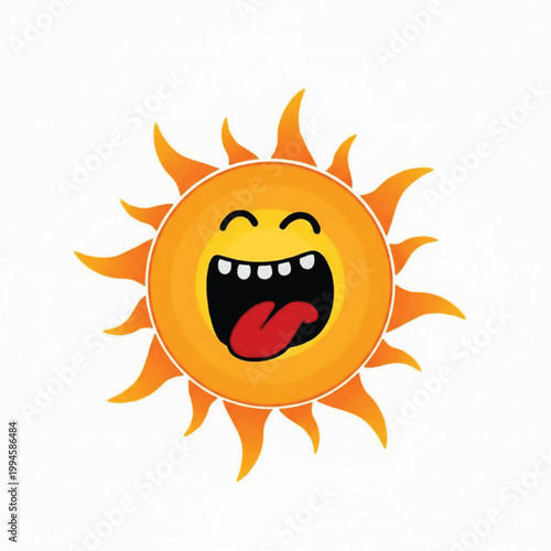 Sun cartoon face with angry expression, open mouth and red tongue, bright orange and yellow hand-drawn sticker style