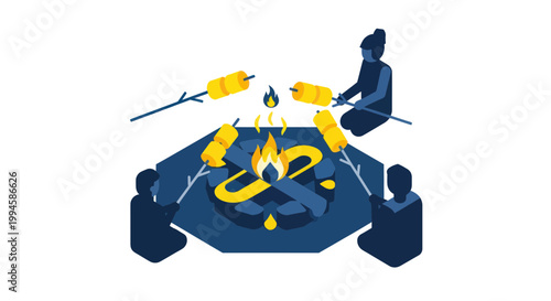 Campfire gathering: people roasting marshmallows, cozy outdoor illustration