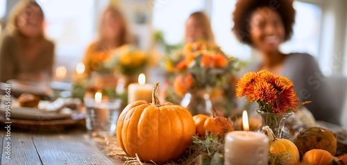 Friends gather around a festive thanksgiving dinner table with pumpkins and candles