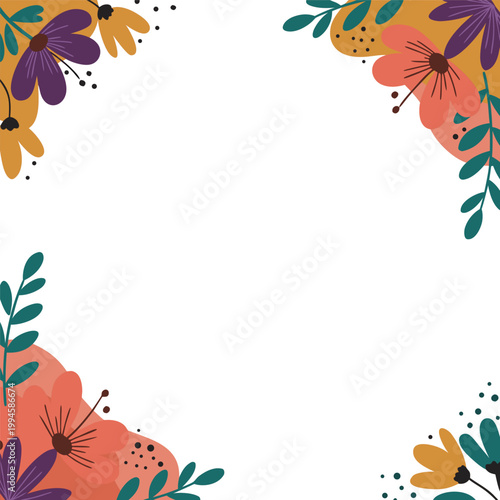 Oval floral wreath with red and white flowers and green leaves on white background
