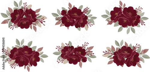 Five burgundy rose flower arrangements with green leaves on white background