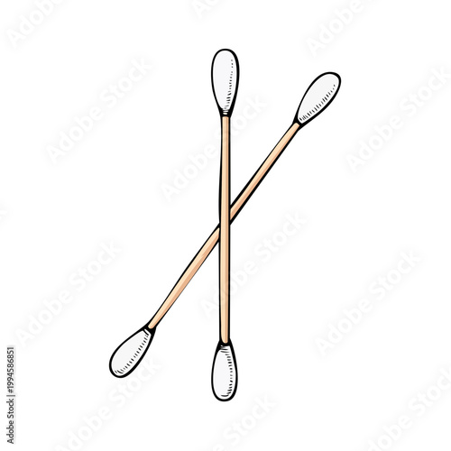 Two crossed cotton swabs with wooden sticks and white cotton tips isolated on white background, hand drawn illustration