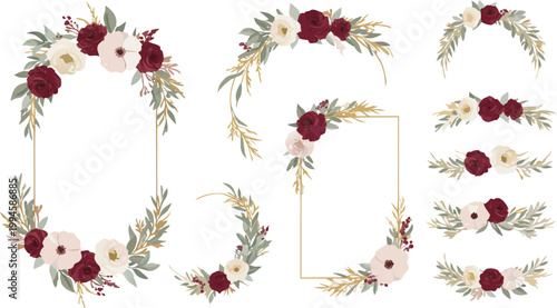 A set of six floral arrangements with pink and maroon flowers and green leaves on white background