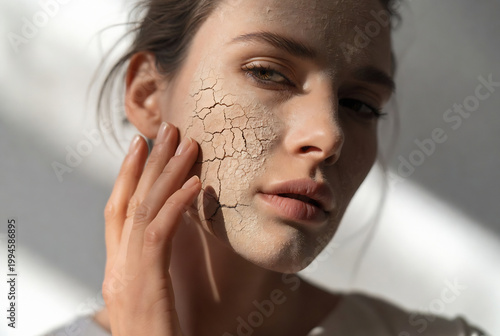 Subject: A woman with cracked, dry skin. Action: She is touching her face and appears to be suffering from dehydration or extreme dryness. Setting: An indoor, bright space with diffused light.