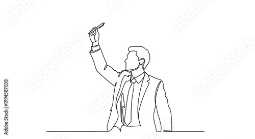 Businessman holding pen up high.