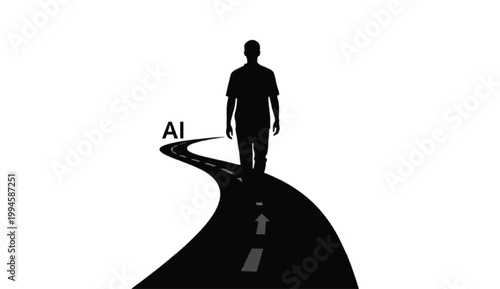 Business person walking through AI powered path silhouette scene showing guided direction arrows and intelligent system navigation concept for modern decision making