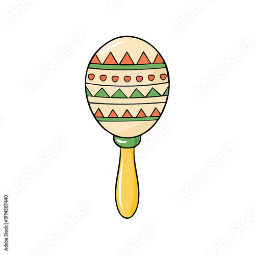 Colorful Hand Drawn Festive Musical Percussion Instrument Maraca With Traditional Patterns