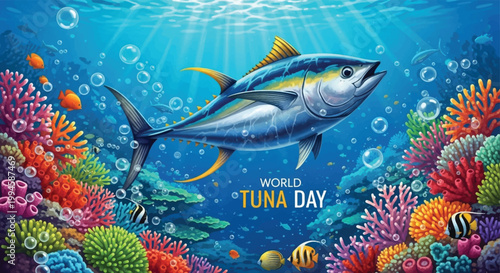 Tuna fish, ocean creatures, underwater scene, coral reef, World Tuna Day