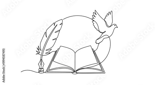 Dove flying over open book.