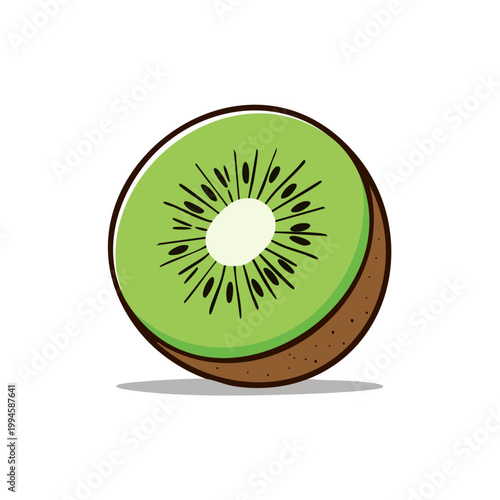 Vibrant cartoon illustration of a sliced kiwi fruit showing its iconic green flesh and black seeds