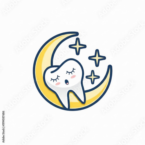 Moon sticker design with cute sleepy face character, stars, and yellow blue hand drawn style for kids